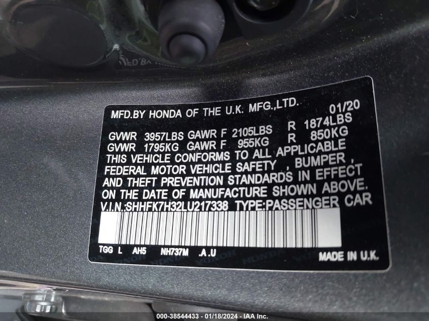 2020 HONDA CIVIC LX - SHHFK7H32LU217338