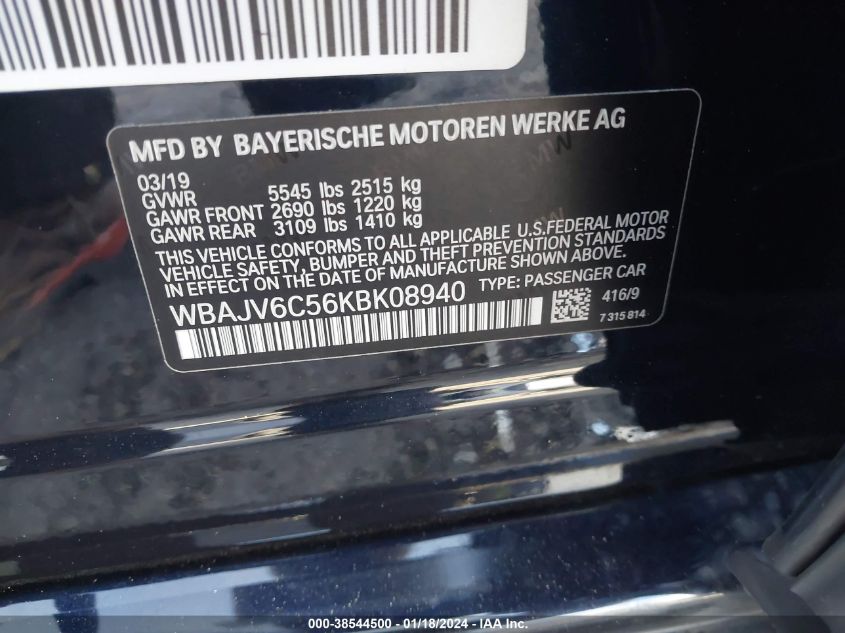 2019 BMW 640I GRAN TURISMO XDRIVE WBAJV6C56KBK08940