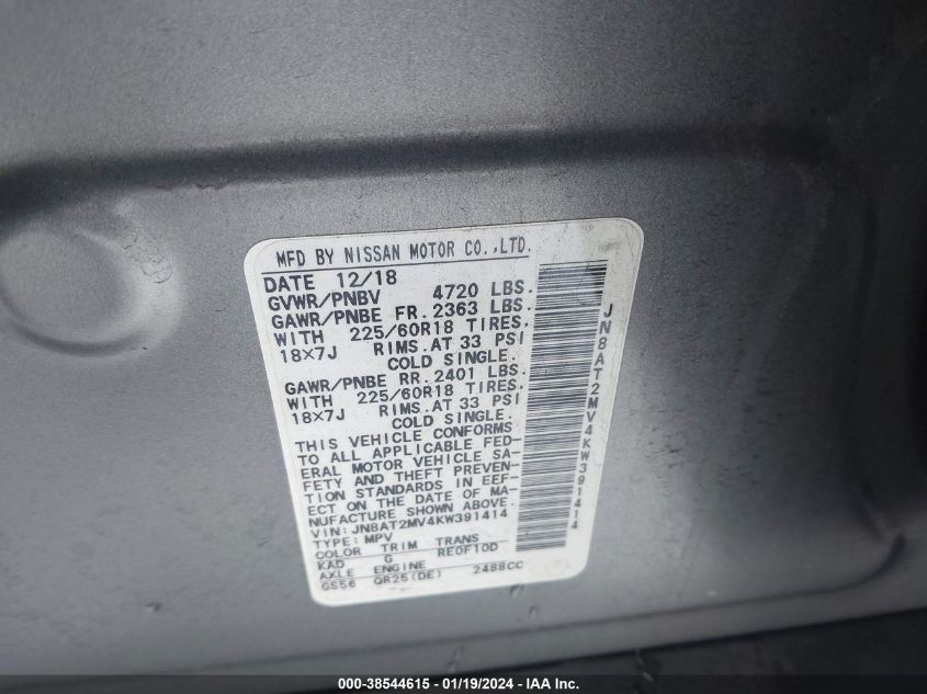 2019 NISSAN ROGUE S/SV - JN8AT2MV4KW391414