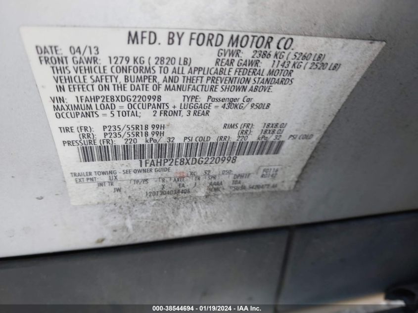 2013 FORD TAURUS SEL - 1FAHP2E8XDG220998