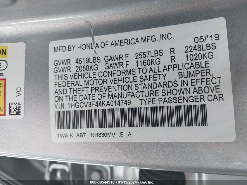 VIN 1HGCV3F44KA014749 2019 HONDA ACCORD HYBRID EX