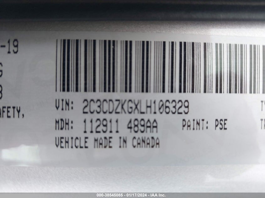 VIN 2C3CDZKGXLH106329 2020 DODGE CHALLENGER GT AWD