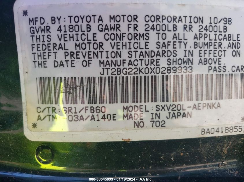 JT2BG22K0X0289933 | 1999 TOYOTA CAMRY