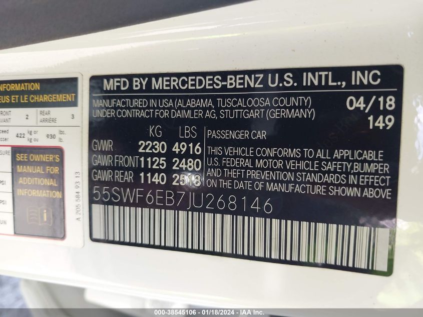 2018 MERCEDES-BENZ AMG C 43 4MATIC 55SWF6EB7JU268146