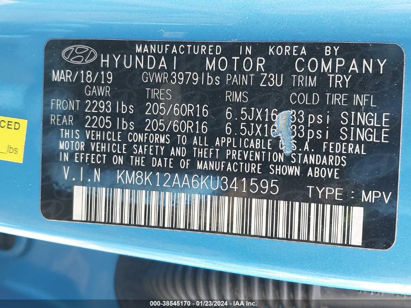 2019 HYUNDAI KONA SE - KM8K12AA6KU341595