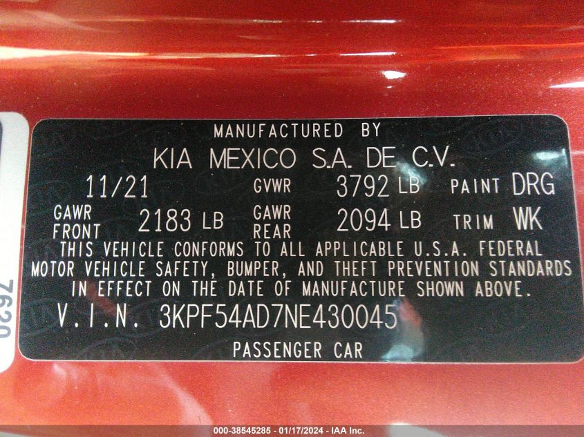 2022 KIA FORTE GT-LINE - 3KPF54AD7NE430045