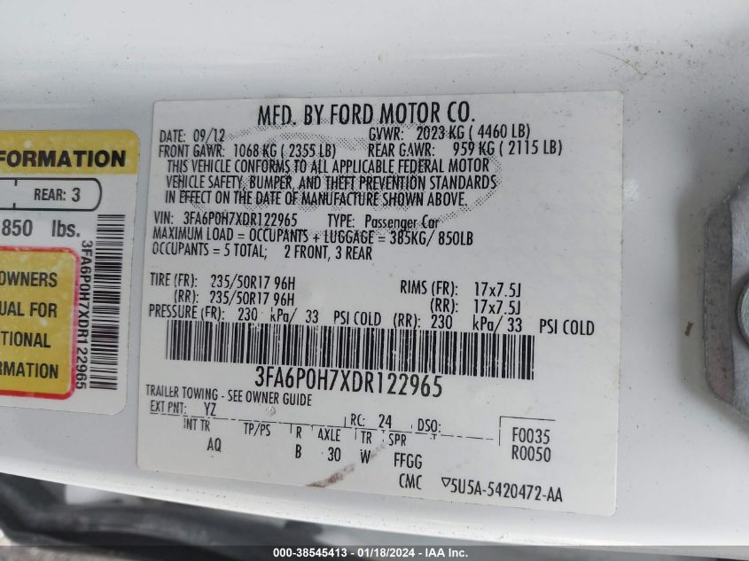 3FA6P0H7XDR122965 | 2013 FORD FUSION