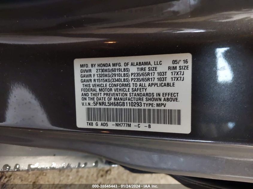 2016 HONDA ODYSSEY EXL - 5FNRL5H68GB110293