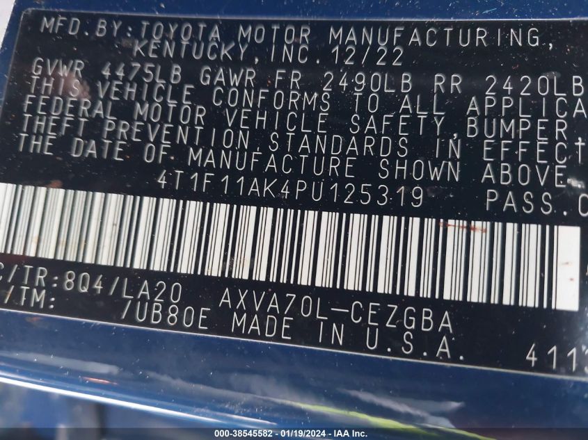 2023 TOYOTA CAMRY XLE - 4T1F11AK4PU125319