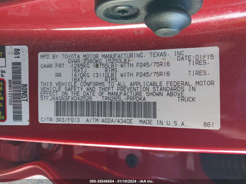 2015 TOYOTA TACOMA PRERUNNER - 5TFJX4GN3FX042526