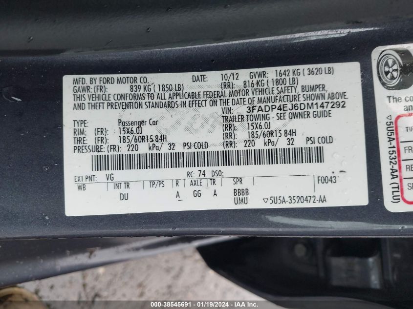 2013 FORD FIESTA SE - 3FADP4EJ6DM147292