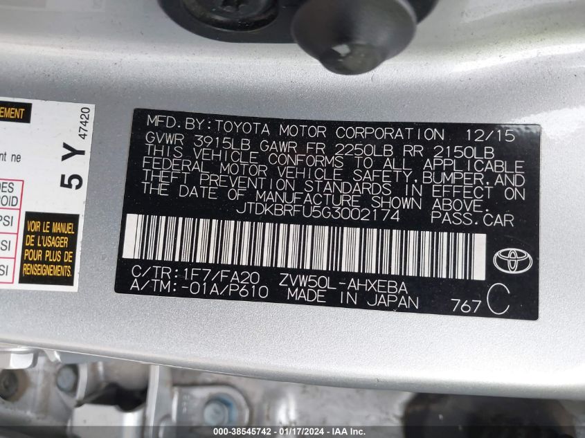 2016 TOYOTA PRIUS TWO - JTDKBRFU5G3002174