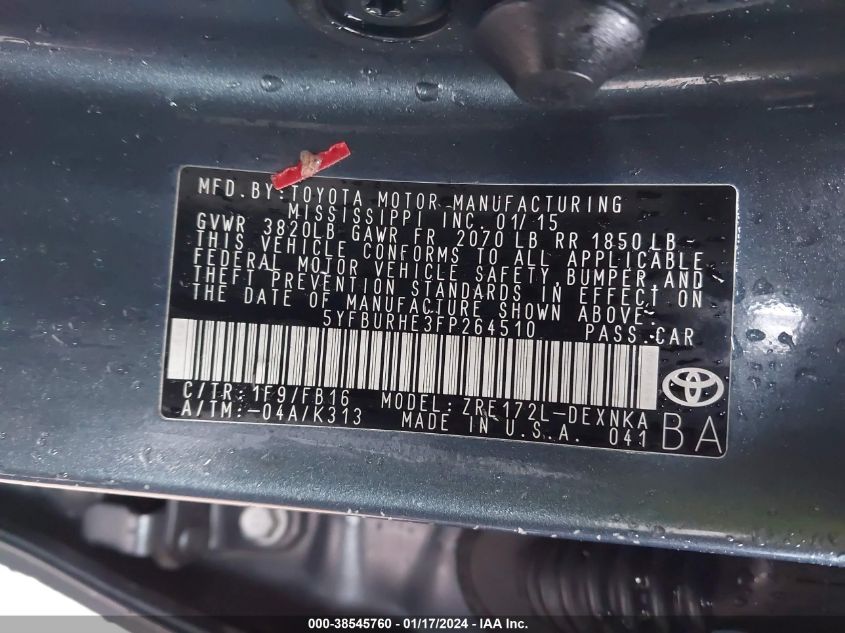 2015 TOYOTA COROLLA LE - 5YFBURHE3FP264510