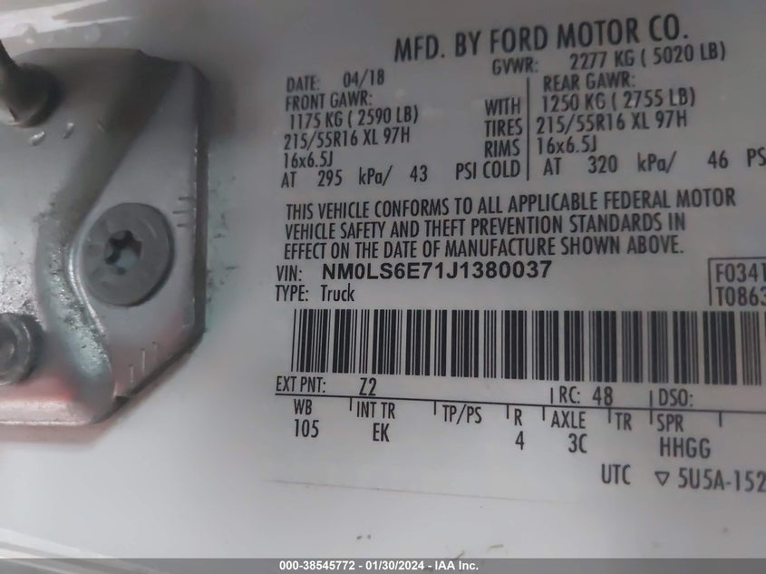 VIN NM0LS6E71J1380037 2018 FORD TRANSIT CONNECT XL