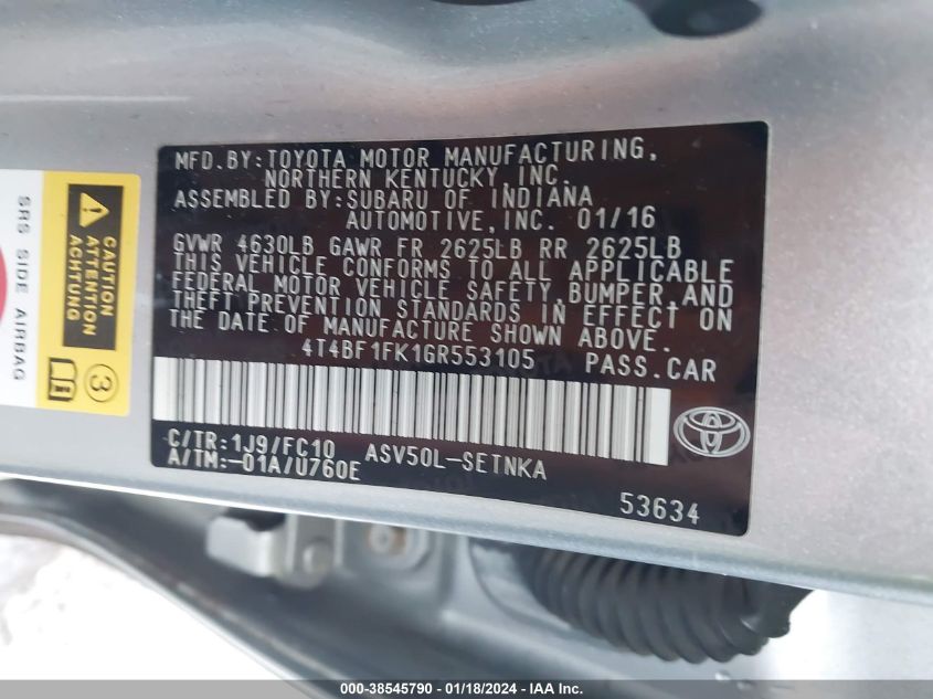 2016 TOYOTA CAMRY LE - 4T4BF1FK1GR553105