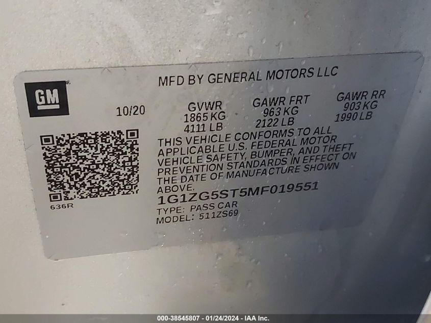 2021 CHEVROLET MALIBU FWD RS - 1G1ZG5ST5MF019551
