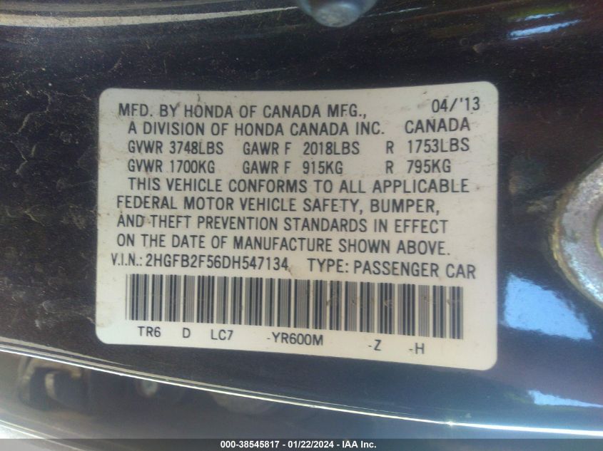 2013 HONDA CIVIC LX - 2HGFB2F56DH547134