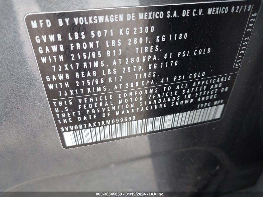 2019 VOLKSWAGEN TIGUAN 2.0T S - 3VV0B7AX1KM099699