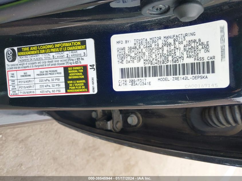 2013 TOYOTA COROLLA S/LE - 5YFBU4EE0DP150517