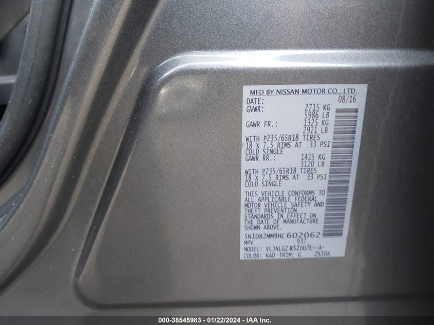 VIN 5N1DR2MM9HC602062 2017 NISSAN PATHFINDER S/SV/SL/PLATINUM
