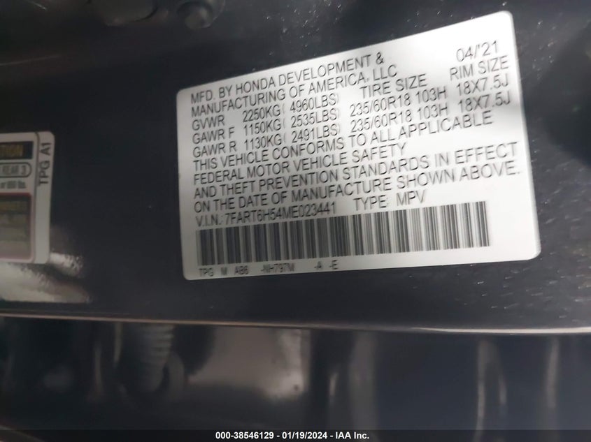 VIN 7FART6H54ME023441 2021 HONDA CR-V EX