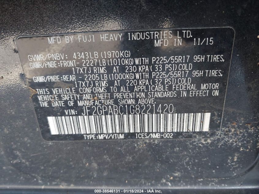 2016 SUBARU CROSSTREK 2.0I PREMIUM - JF2GPABC1G8221420