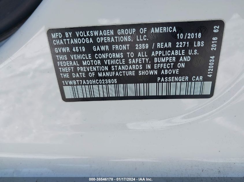 2017 VOLKSWAGEN PASSAT 1.8T SE - 1VWBT7A30HC023805