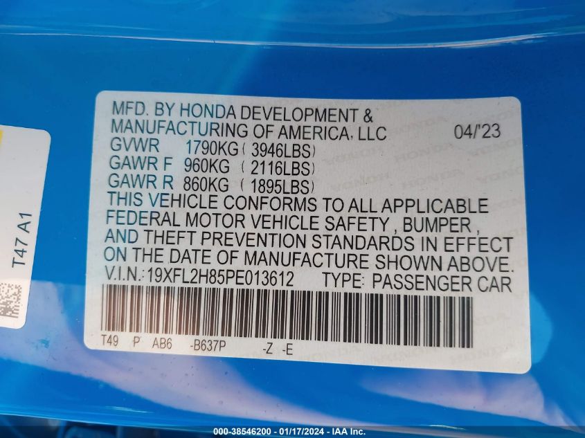 2023 HONDA CIVIC SPORT - 19XFL2H85PE013612