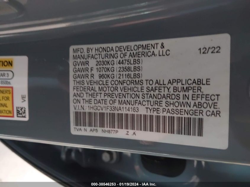 2022 HONDA ACCORD SPORT - 1HGCV1F33NA114163