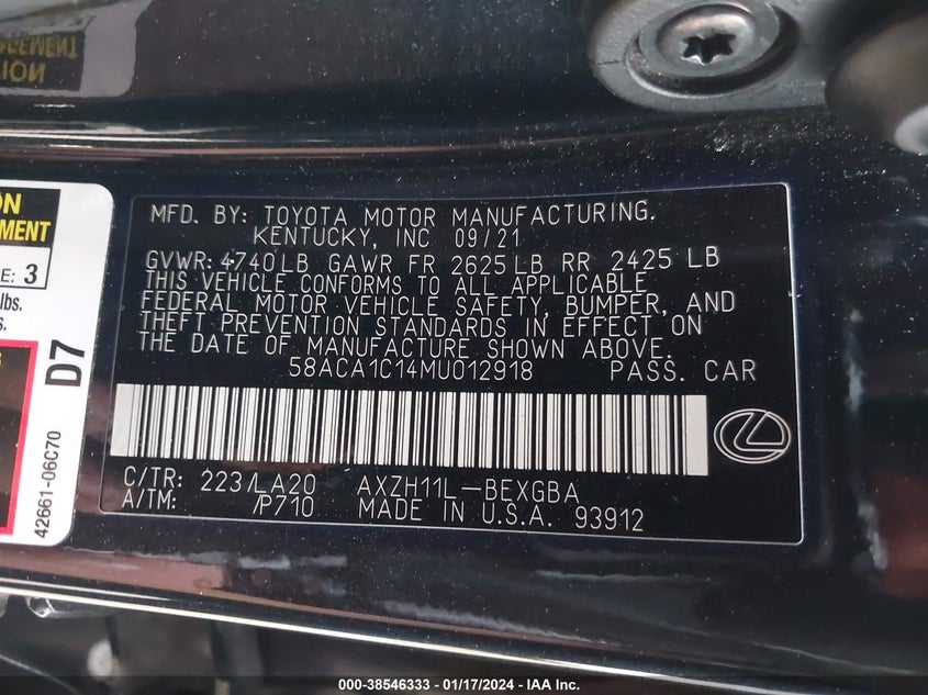 VIN 58ACA1C14MU012918 2021 LEXUS ES 300H