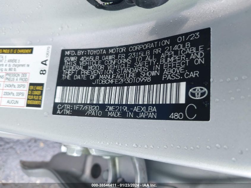 2023 TOYOTA COROLLA HYBRID LE - JTDBCMFE2P3010998