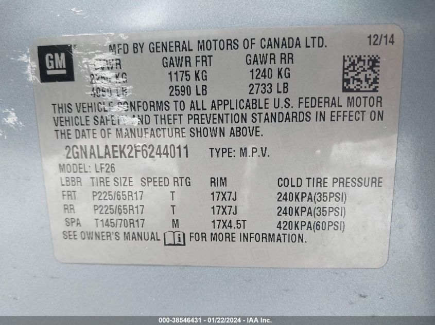 2015 CHEVROLET EQUINOX LS - 2GNALAEK2F6244011