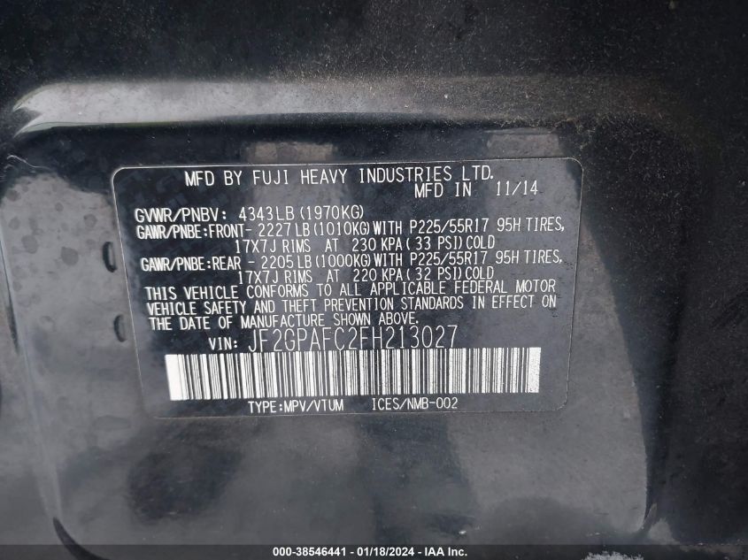 2015 SUBARU XV CROSSTREK 2.0I PREMIUM - JF2GPAFC2FH213027