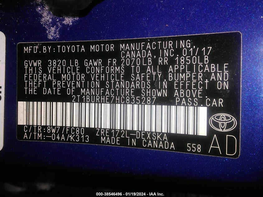 VIN 2T1BURHE7HC835287 2017 TOYOTA COROLLA SE