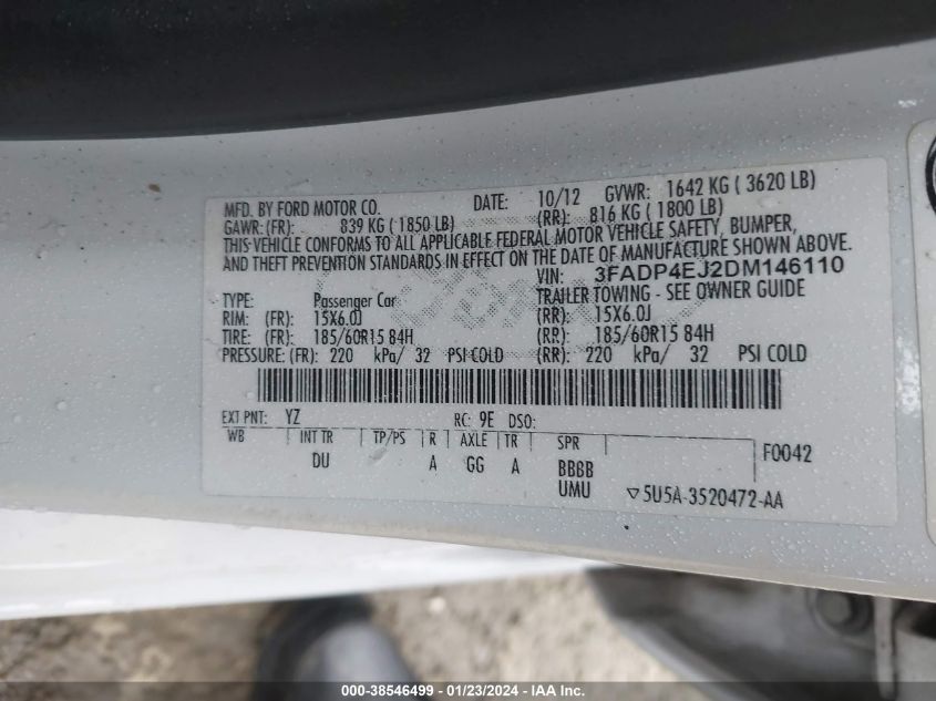 2013 FORD FIESTA SE - 3FADP4EJ2DM146110