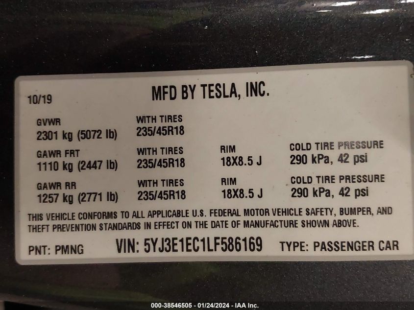 2020 TESLA MODEL 3 - 5YJ3E1EC1LF586169