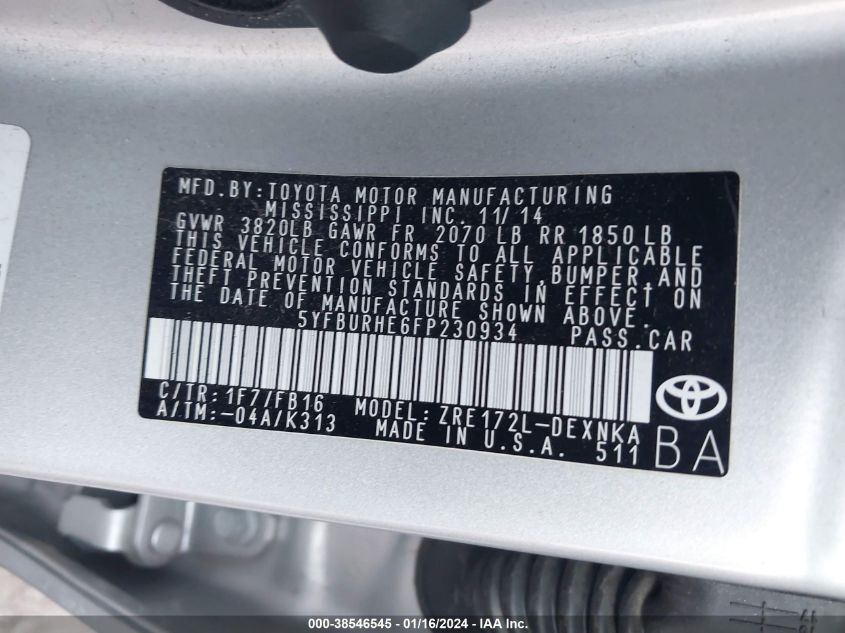 2015 TOYOTA COROLLA LE - 5YFBURHE6FP230934