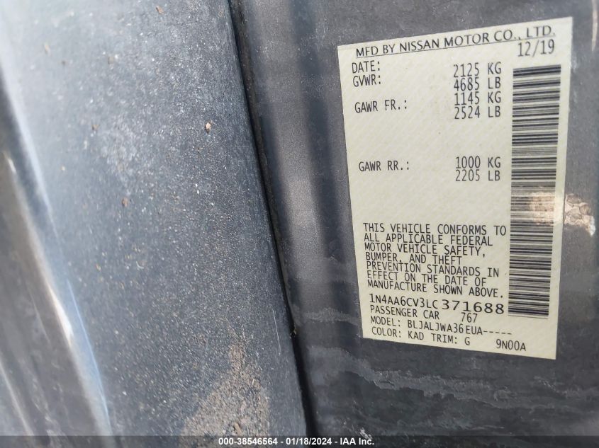 2020 NISSAN MAXIMA SV XTRONIC CVT - 1N4AA6CV3LC371688