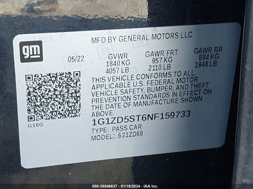 2022 CHEVROLET MALIBU LT - 1G1ZD5ST6NF159733
