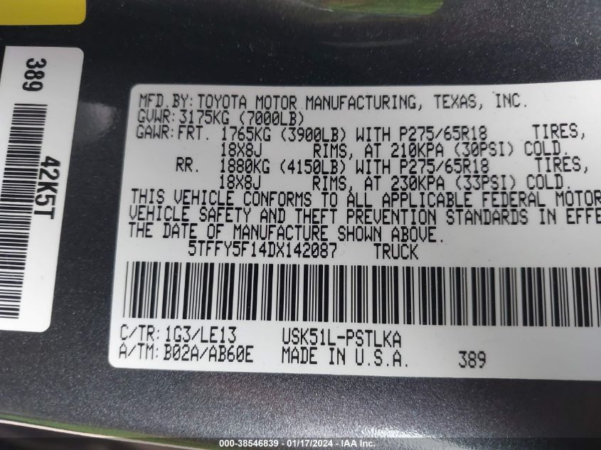 2013 TOYOTA TUNDRA LIMITED 5.7L V8 - 5TFFY5F14DX142087