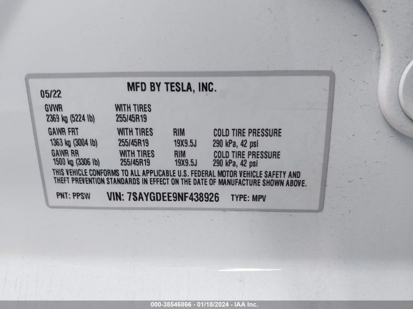 VIN 7SAYGDEE9NF438926 2022 TESLA MODEL Y LONG RANGE DUAL MOTOR ALL-WHEEL DRIVE