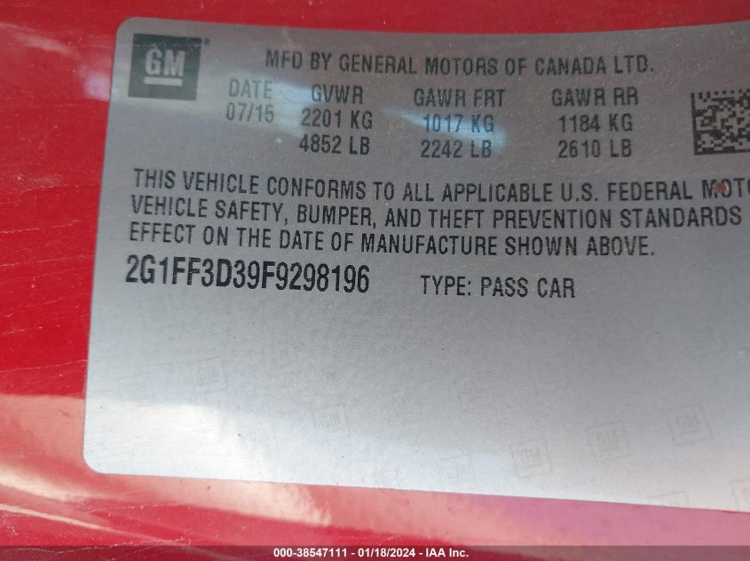 2015 CHEVROLET CAMARO 2LT - 2G1FF3D39F9298196
