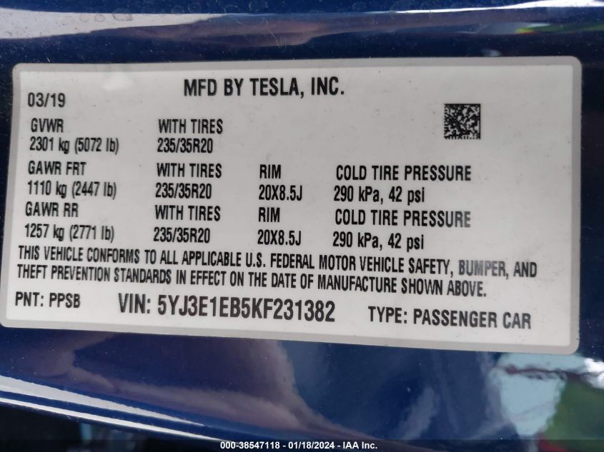 2019 TESLA MODEL 3 LONG RANGE/PERFORMANCE - 5YJ3E1EB5KF231382