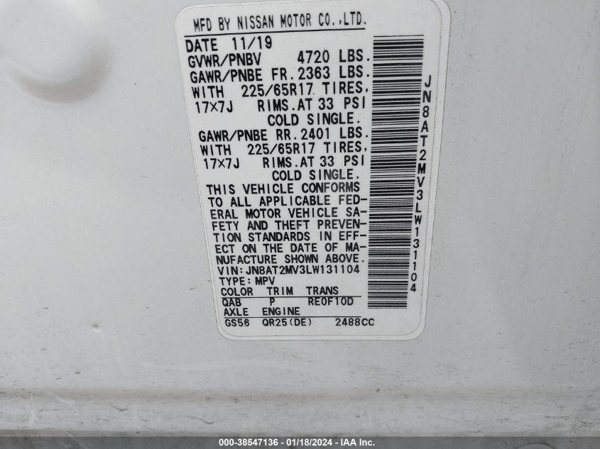 2020 NISSAN ROGUE S/SV - JN8AT2MV3LW131104