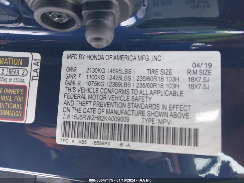 2019 HONDA CR-V EXL - 5J6RW2H82KA009009