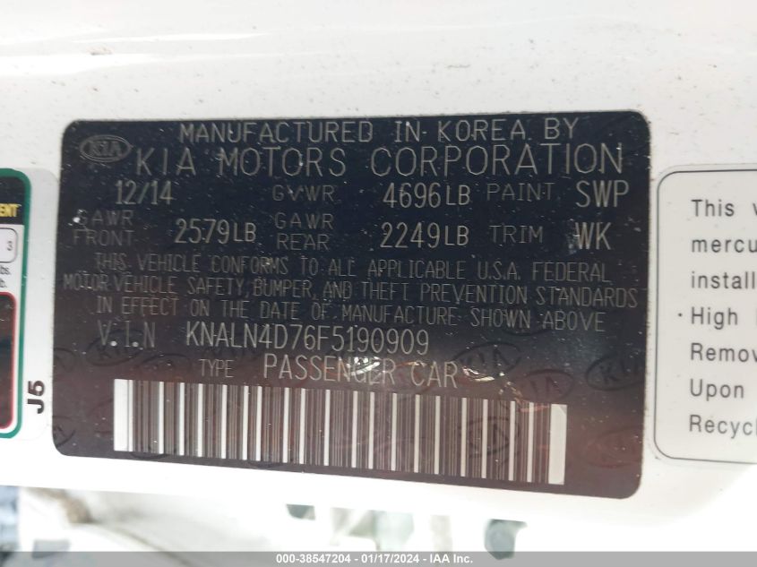 2015 KIA CADENZA PREMIUM - KNALN4D76F5190909