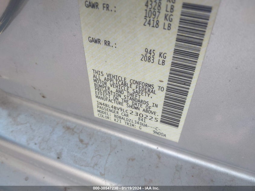VIN 1N4BL4BV9LC230225 2020 NISSAN ALTIMA S
