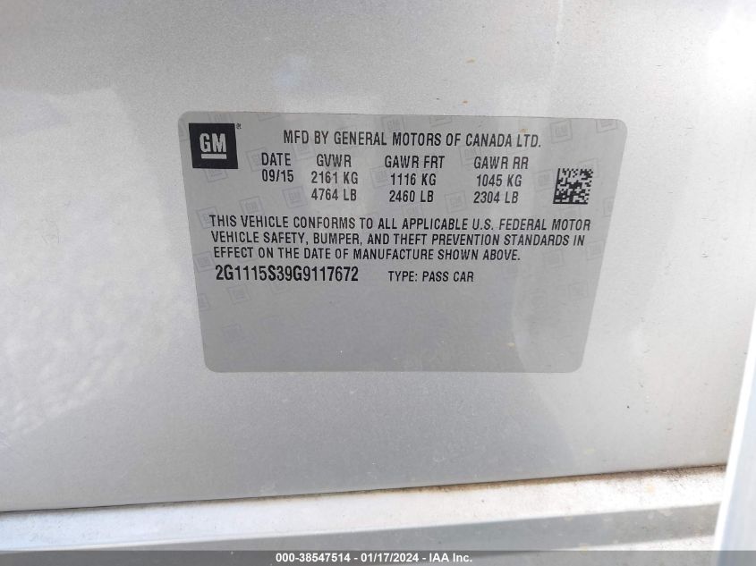 2016 CHEVROLET IMPALA 2LT - 2G1115S39G9117672
