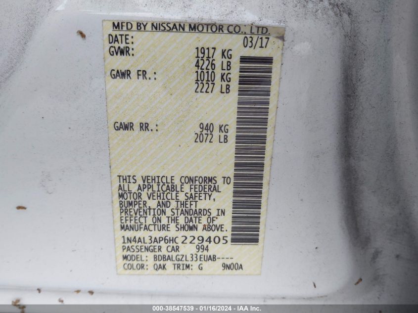2017 NISSAN ALTIMA 2.5 S - 1N4AL3AP6HC229405