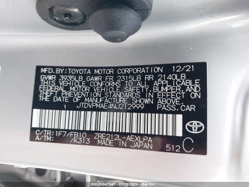 2022 TOYOTA COROLLA LE - JTDVPMAE4NJ212999